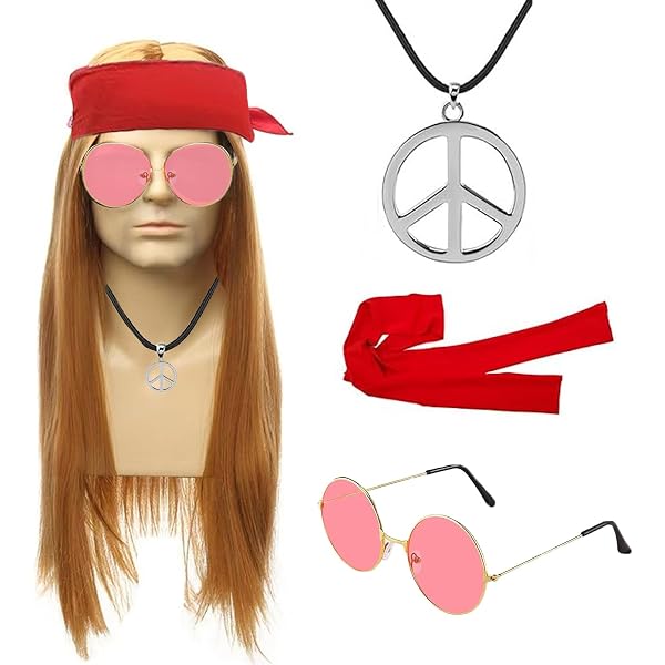 Hippie Kostüm Set 4-teilig – Perücke, Sonnenbrille, Peace-Kette & Halstuch Für Karneval & 70er Party