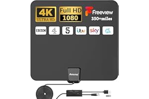 AMAZQI TV Aerial Indoor 350+ Miles Long Range,Digital TV Aerial for Freeview TV,4K Amplified TV Antenna with Signal Booster and 5M Cable -for Local Channels