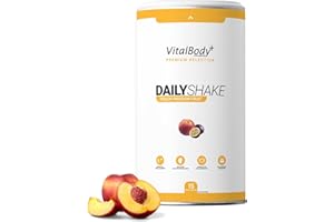 ‎VITALBODY+ SUPPLEMENTS VitalBodyPLUS DailyShake, Peach-Passion Fruit, 450 g, Mahlzeitenersatz-Shake zum Abnehmen, 15 Mahlzeiten vollwertig & kalorienarm ersetzen