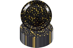 CEILIWEN Black & Gold Star Paper Plates, 50 Pack 7 inch Black Party Plates, Party Decorations