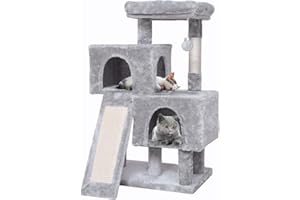 JISSBON Cat Tree Cat Tower 96cm with Scratching Post and Ladder, Padded Plush Perches & Condos for Kittens, Adult Cats, Light Grey