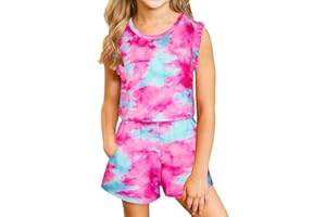 KIMODA Girls Rompers Shorts Jumpsuits Kids Summer Outfits Leopard Mermaid Flowers Playsuit Clothes with Side Pockets 6-13 Years