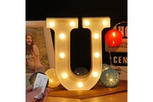 WHATOOK Luci a LED a forma di lettera dell'alfabeto con telecomando wireless per il timer, intensità regolabile, decorazione per compleanni, feste, matrimoni e vacanze, case e bar, lettera U