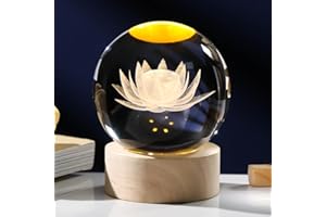 Arikyrist 3D Engraving Lotus Flower Figurine Crystal Ball with Wooden Light Base, Lotus Flower Crystal Ball Lamp Home Decor, Crystal Lotus Flower Gifts for Women Decorative Glass Ball Paperweight