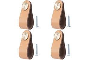 BOOLSFMAM Lot de 4 Poignée Meuble Cuir, Bouton de Portes Placard Poignee Cuir Bouton de Tiroir, Poignee de Meuble Vintage pour Armoires, Commode, Cuisine, Salle de Bain