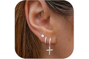 LOLIAS Boucles D'oreilles pour Homme Femme Plaqué Or 14 Carats Croix CZ Boucles D'oreilles Dangle Boucles D'oreilles Croix Manchette Percing Cartilage Oreilles Hoop