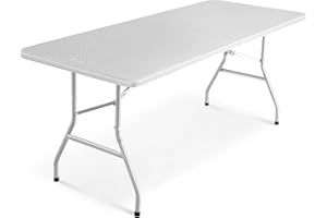 KEPLIN 6ft Folding Table with White Rattan Patterned Top,180x70x74cm – Sturdy Metal Frame, Waterproof, Portable & Easy Assembly – Ideal for Parties, BBQs, Camping (White Rattan)