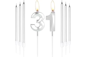 MCISKIN Silver 31st Birthday Cake Candles, Number 31 Candles with 6pcs Long Candles, Party Candles for Cake, Silver Candles Cake Toppers for Boys Girls Men Women 31st Birthday Decorations, Wedding Anniversary