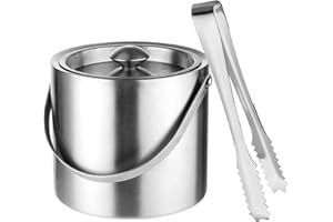 WMLBK Pojemnik na lód z pokrywką i szczypcami, 1,6 l, pojemnik na kostki lodu, jakość spożywcza, stal nierdzewna, podwójne ścianki, do przechowywania kostek lodu, długie chłodzenie