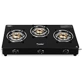 Prestige Iris Plus 3 Burner Auto Ignition Gas Stove | Toughened Glass Top | Tri-Pin Brass Burners | Ergonomic Knob | Black |