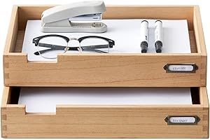 KIRIGEN Wood Desk Organizer Stackable Paper Tray Set of 2 - Wooden Two Tier Desktop Document Storage for Office - Letter Tray Inbox with Natural Finish