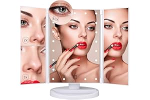 PUVLISZ Vanity Cosmetic/Makeup Mirror with 22 LED Lights, Touch Screen, Magnification Tri-Fold 2X 3X Magnifying, 180° Free Rotation, Dual Power Supply White