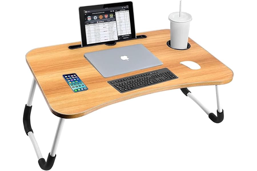 Sulfar Foldable Laptop Desk for Bed, Portable Lap Tray with Tablet Slot and Cup Holder, Adjustable Non-Slip Bed Table for Wor