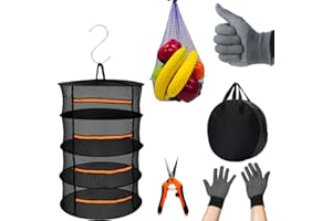 Fycooler Trockennetz Kräuter Schwarz, faltbar 4-lagiges Kräutertrockner Hängend mit mit Gartenhandschuhe, Baumschere, Haken, Kräutertrockner Hängend, Mesh Trockennetz für Pflanze, Fleisch, Blumen