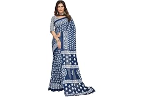 Jaanvi fashion Handicrafts Damen Ikat Hand Block Print Jaipuri Baumwolle Mulmul Sari mit ungesäumtem Blusenteil (Aayat-blue-re), indigoblau, One size
