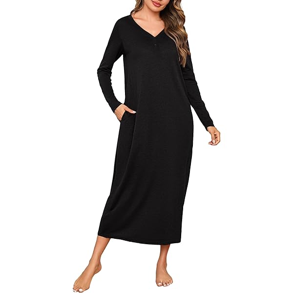 Camicia Da Notte Lunga Donna Cotone | Manica Lunga Con Tasche - Pigiama Invernale Comodo - Foto 7