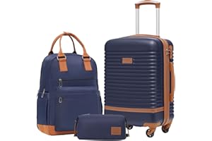 COOLIFE Valise, 3 Pièces Set de Valise avec Sacs de Voyage et Trousse de Toilette pour Courts Voyages, Serrure TSA et roulettes Pivotantes à 360° (Bleu/Marron, Petit)
