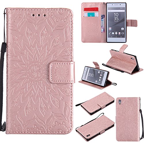 Coque pour Sony Xperia Z5,Housse en cuir pour Sony Xperia Z5,Ecoway Tournesols de motifs en relief étui en cuir PU Cuir Flip Magnétique Portefeuille Etui Housse de Protection Coque Étui Case Cover avec Stand Support Avec des Cartes de Crédit Slot et Fonction Support pour Sony Xperia Z5 - Or Rose