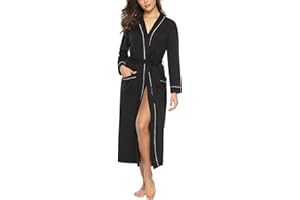 Sykooria Womens Lightweight Cotton Knit V Neck Long Kimono Robes Bathrobe Soft Sleepwear Loungewear Pocket Dressing Gown for Women