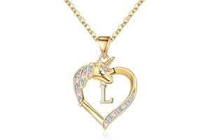 TINGN Unicornio Collar Regalos para Niñas, 14K Chapado en Oro Inicial Corazón Colgante CZ Unicornio Letra Cadena Oro para Niñas Cumpleaños Unicornios Regalos para Niñas Mujeres Joyería