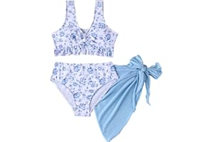 LYZOURBB Girls 3PCs Bikini Set Floral Ruffle Swimming Tops Bottoms with Bowknot Cover Up Swimwear Bathing Suit for 7-13Years