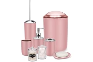 IMAVO Bathroom Accessory Set - 8 Pcs Pink Bathroom Accessories Set with Trash Can, Soap Dispenser, Soap Dish, Toothbrush Holder, Toothbrush Cup, Toilet Brush Holder, Qtip Holder Dispenser with Labels