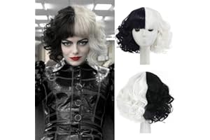 MILDISO Cruella Deville Perücken für Damen Schwarz und weiß Perücken mit Pony für Frauen Kinder Kurz bob Süße Mode Lockige Wellenförmige Synthetische Perücken für Cruella 2021 Cosplay Party Wig DE011L
