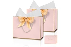 GOTFUN 2 sacchetti regalo, sacchetti di carta per compleanno, con nastri, biglietti di auguri, 28 x 20 x 10 cm, sacchetti regalo con manico, sacchetti regalo, grandi per matrimoni, feste(Rosa)