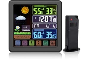 BESTYKS Weather Stations with Color Display, Indoor Outdoor Temperature Thermometer, Humidity, Barometric Pressure, Weather Forecast LCD Digital Weather Station with Outdoor Sensor for Home Office (Black)