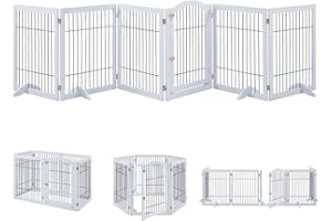 unipaws Extra Wide Dog Gate, Pet Playpen with Wooden Construction and Wire, 6 Panels Freestanding Walk Through Pet Gate with 4 Support Feet, Foldable Pet Exercise Pen, White