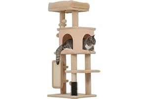 PawHut Albero Tiragraffi Multilivello Alto 104 cm, Palestra per Gatti con Casetta, Lettino per Gatti, Pali Tiragraffi, Piattaforma, Spazzola e Pallina, Dispositivo Antiribaltamento, Beige