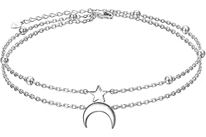 HOOHWE Fußkettchen für Damen Sterling Silber Sonnenblume Schildkröten Anker Stern und Mond Strand Fußkettchen Doppelschichtig mit Perlen Verstellbarer Boho Geschenk für Mädchen