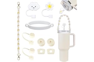GIEEU Stanley Cup - Set di 10 accessori per tazze, tappo in silicone per cannuccia da 9-10 mm, tappo a prova di fuoriuscite per Stanley Cup da 1,134 g e 850,5 g, cinturino in tessuto bohémien con anello in