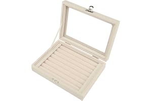 TSLBW Boîte à Bijoux en Velours Organisateur de Bijoux pour Bague Boucle d'oreille Collier Présentoir à Bijoux Boîte de Rangement Vitrine à Bijoux avec Couvercle pour Femme Fille (Ring, Beige)
