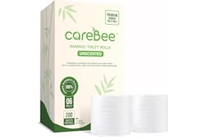 careBee Bamboo Toilet Rolls | Unscented | 3-Ply | 100% Bamboo | Plastic-Free Packaging | 200 Sheets Per Roll | Biodegradable, Compostable & Eco-Friendly | Vegan (6 Rolls)