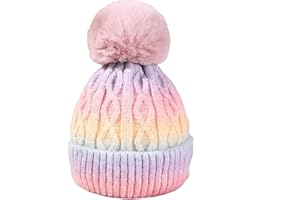 OnlyBee Girls Kids Tie-dye Rainbow Chunky Knit Warm Winter Bobble Hat Approx Age 3 to 7 Years