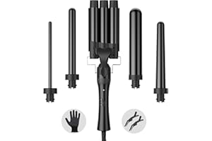 ELEHOT-STORE Hair Waver Curling Wand Iron Tong, Chopstick, 5 in 1 Hair Curler for Long Hair 10mm-32mm with 2 Crocodile Clips 1 Anti-Scald Silicone Gloves, PTC Ceramic Triple Barrels LCD 180°C & 210°C