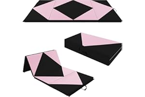 GOPLUS Tapis de Gym Pliable, 240x117x5CM, 4 Plis & Poignée Latérales pour Transport, Tapis Gymnastique en Cuir Imperméable, Attaches Auto-agrippantes pour Gym, Yoga, Fitness