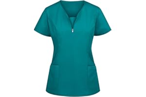 UNHU Damen Pflegebekleidung Bunt T-Shirt Schlupfkasack Kurzarm V-Ausschnitt Schlupfhemd Berufskleidung Kasack Krankenschwester Uniformen mit Taschen