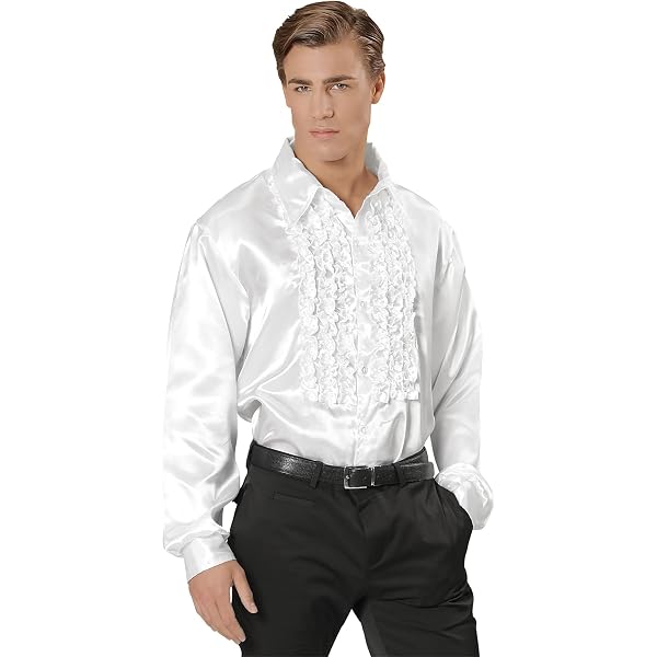 Boland Camisa De Disco Con Volantes Blanca Para Hombre - Talla XL (54/56), Satén, Disfraz De Los 70, Fiesta Temática, Carnaval Y Halloween