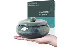 SOOPIISO Grand cendrier coupe-vent de 14 cm avec couvercle, cendrier en céramique, cendrier intérieur, cendrier extérieur, emballage cadeau (vert)