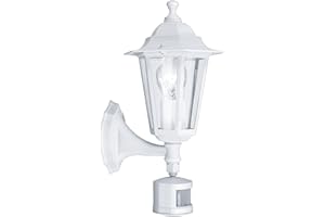 Eglo Applique murale extérieure Laterna 5 avec détecteur de mouvement, éclairage d’extérieur en fonte d’aluminium blanc et verre, douille E27, IP44