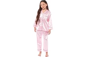 Daisy Dreamer Girls Long Pyjama Set Satin Silk Kids Pyjamas Sets Button Down Long Sleeve Easy Care Two Piece Comfy Sleepwear and Loungewear Pjs