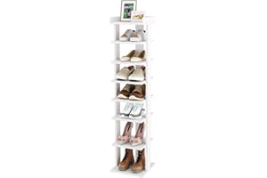 HOME BI 7 Tier Narrow Shoe Rack, Corner Shoe Tower,Slim Shoe Organizer,Wooden Shoe Storage Stand for Entryway, Hallway, Closet, White