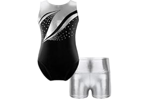 ranrann Enfant Fille Justaucorps Gymnastique Short Paillette Brillant Strass sans Manche Leotard Gym Métallique Tenue Patinage Artistique Costume Spectacle 5-16 Ans