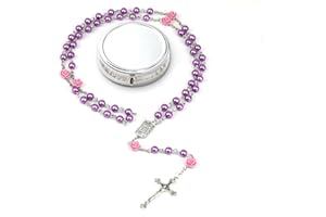 GlamRays Rosariene Pearls Catholic - Confirmation Gifts for Teenage Girls, Silver Simple Style Metal Gift Box, White Imitation Pearl Rosary