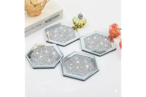SERENA'S ® 4 Pack Crushed Diamond Crystal and Mirror Coasters Set of 4 Glittering Silver Coasters for Home Kitchen & Restaurant Décor, Sparkly Coaster Set for Gifting on Special Occasions (Hexagon)