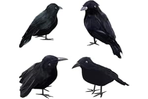 Ompinda Halloween Crow Decorations, 4 Pack Handmade Realistic Looking Halloween Black Raven Halloween Crows Statue for Outdoor/Indoor Party (4 Pack)