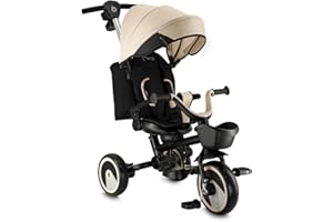 Triciclo per bambini MoMi IVI, seduta girevole 360°, cinture a 3 punti, poggiapiedi, tettuccio parasole, ruote EVA, manubrio regolabile, borsa e cestino portaoggetti