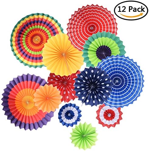 WANTING Pack of 12 Paper Fans Rainbow Polka Dots Fiesta Decorations Hanging Tissue Paper Fan Set for Birthday Party Wedding Christmas Decor (Rainbow)